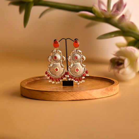 Oxidised Silver Red Stone long Earrings