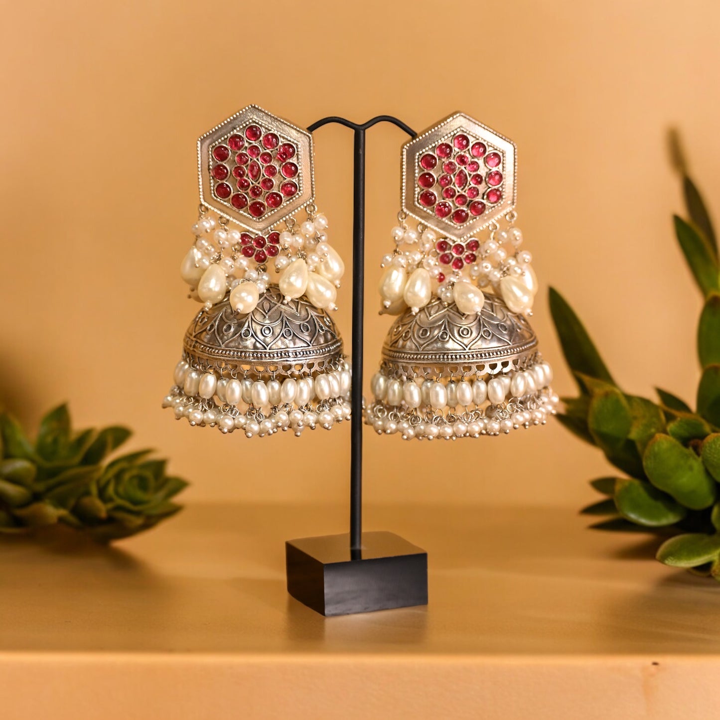 Red Oxidised Silver Jhumki