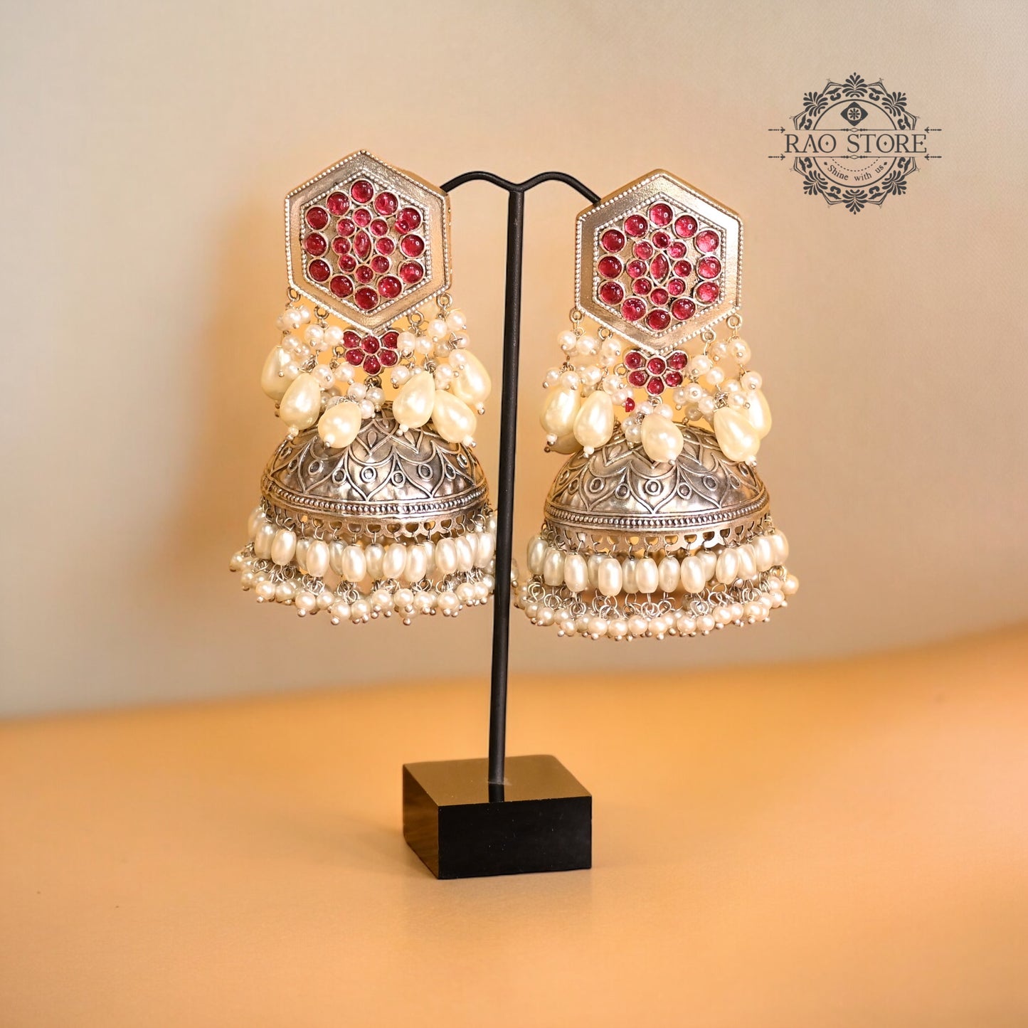 Red Oxidised Silver Jhumki