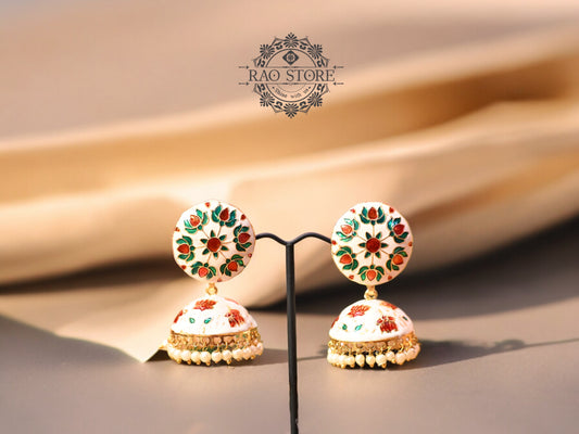 White Meenakari Floral Jhumkas