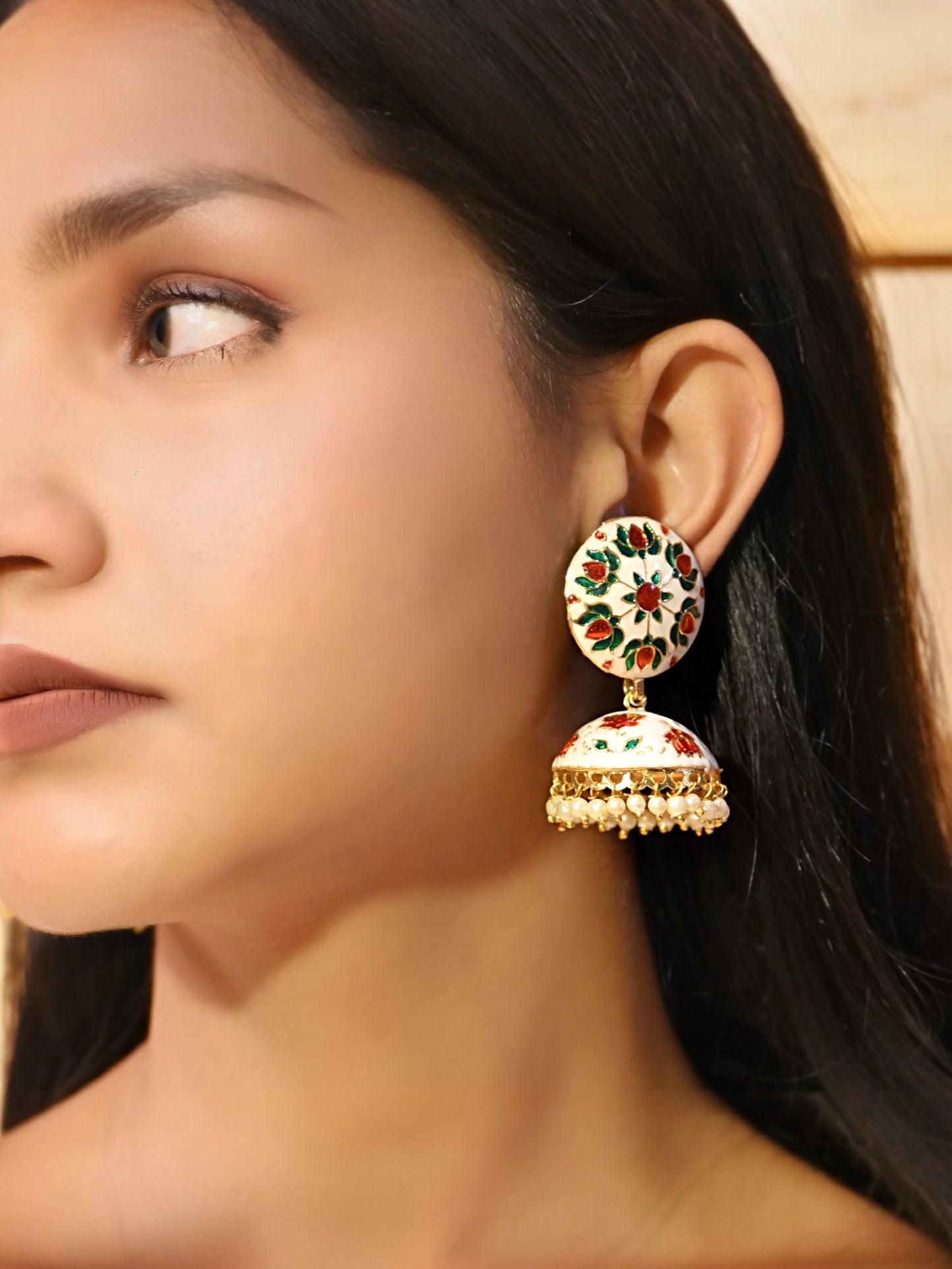 White Meenakari Floral Jhumkas