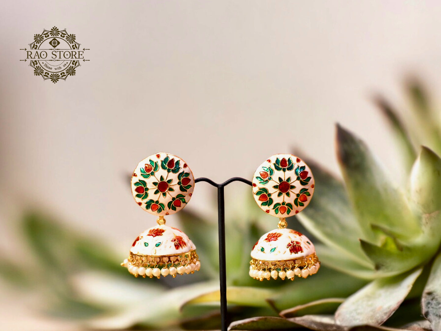 White Meenakari Floral Jhumkas